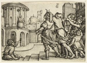 Virgil, o mago pendurado na cesta de Georg Pencz