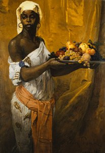 Uma mulher negra a segurar uma salva de fruta