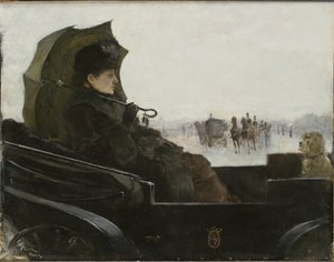 Femme dans une caleche, Paris - Lady in a landau carriage, Paris, de Pauli, Georg (1855-1935). Óleo sobre madeira