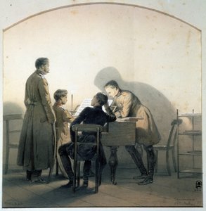 Ao piano (ao piano). Soldados russos tocando piano durante a Guerra da Crimeia. Pintura de George Wilhelm Timm (1820-1895). Aquarela e lápis sobre papel, 20,8 x 20,1 cm
