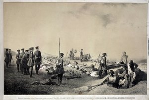 Grand Dukes Nikolai Nikolaievich e Michael Nicolaevich visitando um Redoupt após ataque a 12 de Fevereiro de 1855 (litografia)