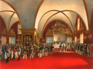 Banquete de coroação no salão do Palácio das Facetas no Kremlin de Moscou, 1856.