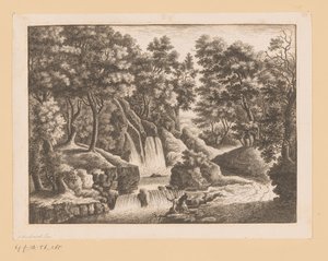 Cachoeira na floresta com dois pescadores em primeiro plano de Georg Wolfgang Knorr (possibly)
