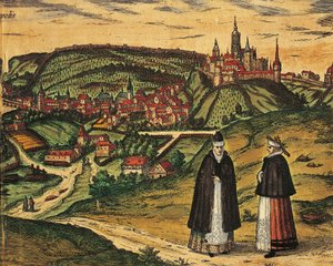 República Checa, Praga, Vista da cidade com a cidadela ao fundo, gravura colorida do Civitates Orbis Terrarum de Georg Braun (1541-1622) e Franz Hogenberg (1535-1590) de Georg Braun and Hogenberg Franz