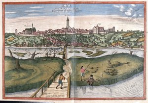 Enns, Áustria (gravura de Georg Braun and Hogenberg Franz