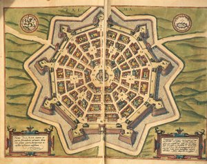 Itália, Palmanova, mapa, gravura de Civitates Orbis Terrarum de Georg Braun e Franz Hogenberg, ativos em Colônia de Georg Braun and Hogenberg Franz