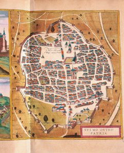 Itália, Sulmona, A cidade de Sulmona de Civitates Orbis Terrarum de Georg Braun e Franz Hogenberg, gravura de Georg Braun and Hogenberg Franz
