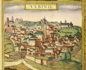 Itália, Urbino, Vista da cidade, gravação a cores de Civitates Orbis Terrarum de Georg Braun (1541-1622) e Franz Hogenberg (1535-1590) de Georg Braun and Hogenberg Franz