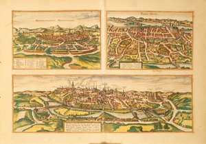 Mapa de Montpellier, Tours e Poitiers de Civitates Orbis Terrarum por Georg Braun de Georg Braun and Hogenberg Franz