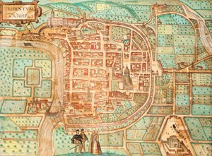 Mapa de Tridentum, hoje Trent, de Georg Braun e Franz Hogenberg, gravura colorida do Civitates Orbis Terrarum, Itália de Georg Braun and Hogenberg Franz