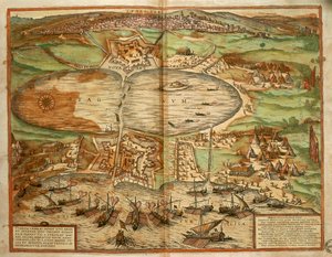 Mapa de Tunis, Tunísia, de Civitates Orbis Terrarum de Georg Braun e Franz Hogenberg, gravura de Georg Braun and Hogenberg Franz