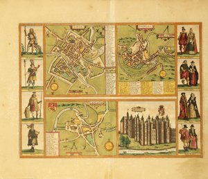 Mapa de York, Shrewbury, Lancaster e Richmond Castle de Civitates Orbis Terrarum, de Georg Braun de Georg Braun and Hogenberg Franz