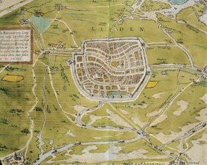 Holanda, Mapa da cidade de Leiden e região de Civitates Orbis Terrarum de Georg Braun (1541-1622) e Franz Hogenberg (1540-1590), Colónia, gravura de Georg Braun and Hogenberg Franz