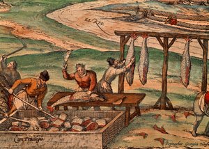 Processamento de atum por Franz Hogenberg (cerca de 1540-circa 1590 ), cena do Civitates Orbis Terrarum de Georg Braun (1541-1622) e Franz Hogenberg (cerca de 1540-circa 1590) de Georg Braun and Hogenberg Franz