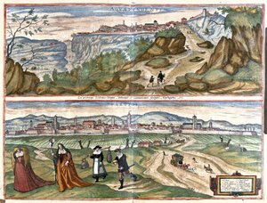 Acquapendente (província de Viterbo) e Treviso, Itália (gravura de Georg Braun and Hogenberg Franz