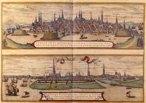 Na vista superior da cidade de Lubeck, abaixo da cidade de Hamburgo, na Alemanha. Gravura do Atlas de "Braun e Hogenberg" 1572 de Georg Braun and Hogenberg Franz