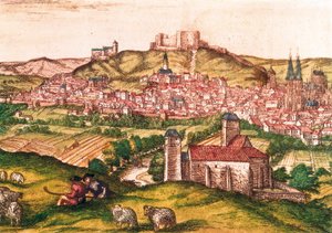 Cidade de Burgos na Espanha com pastores e rebanho de ovelhas em primeiro plano (1576). Gravura em Civitatis Orbis Terrarum, de Georg Braun and Hogenberg Franz