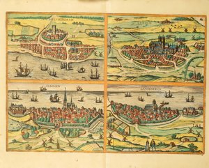 Helsingborg, Lund, Malmo, Elbogen e Landskrona, de Civitates Orbis Terrarum, Colónia de Georg Braun and Hogenberg Franz