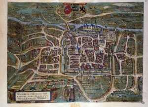 Mapa da cidade alemã de Weimar. Gravura a partir do Atlas de "Braun e Hogenberg" 1572 de Georg Braun and Hogenberg Franz