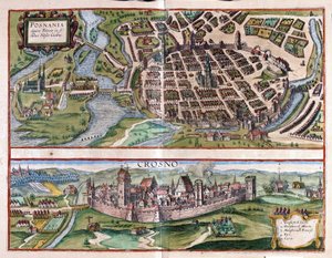 Poznan e Krosno, Polónia (gravura de Georg Braun and Hogenberg Franz
