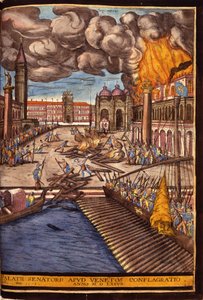 O Grande Fogo do Palácio Ducal na Praça de São Marcos, em Veneza, em 1577. Gravura de George Braun em "Civitatis Orbis Terrarum" Volume I escrito por Franz Hogenberg (1535-1590)