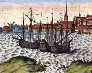 O porto de Lubeck após o Theatrum Orbis Terrarum de Braun e Hogenberg. Século XVII. de Georg Braun and Hogenberg Franz