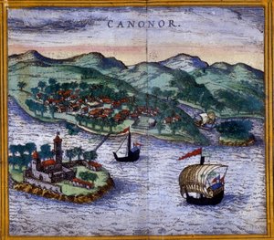 Vista da Canonor (ou Cannanore) na Índia de uma edição de "Civitates Orbis Terrarum" de Braun e Hogenberg de Georg Braun and Hogenberg Franz