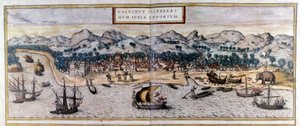 Vista de Kozhikode ou Calicut na Índia a partir do Atlas "Civitates Orbis Terrarum" de Braun & Hogenberg de Georg Braun and Hogenberg Franz