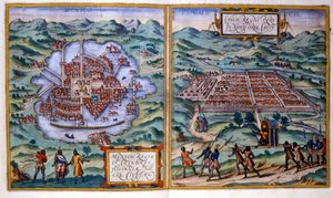 Vista da Cidade do México (México) e de Cuzco (Peru). Atlas Braun e Hogenberg de Georg Braun and Hogenberg Franz
