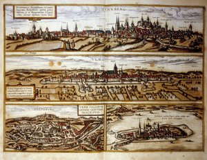 Vista das cidades alemãs de Nuremberga e Ulm, Salzburgo, Áustria. Gravura a partir do Atlas de "Braun e Hogenberg" 1572 de Georg Braun and Hogenberg Franz