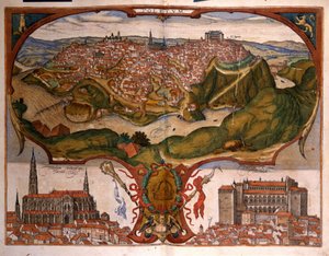 Vista da cidade de Toledo, no século XVI. Gravura de George Braun em "Civitatis Orbis Terrarum" Volume I escrito por Franz Hogenberg (1535-1590) de Georg Braun and Hogenberg Franz