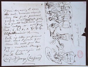 Fonds Lovenjoul E858 Sra. 937 1.219 Carta de George Sand (1804-76) a François Buloz, Editor da "Revue des Deux Mondes", pedindo pagamento e com um desenho animado do escritor se mostrando rodeado de credores de George Sand