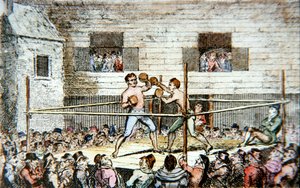 Um jogo de luta na quadra dos cinco, em Londres, de uma estampa publicada em 1812 (cor litho)
