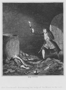 Abel Beechcroft descobrindo o corpo do Miser na adega (gravura) de George (after) Cruikshank