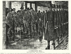 Soco cartoon: A Sympathetic Soul - policing the London slums (gravura) de George (after) Du Maurier