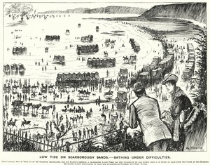 Soco cartoon: Maré Baixa nas Areias de Scarborough - Banho sob Dificuldades (gravação) de George (after) Du Maurier