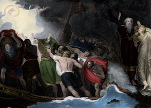 Prospero e Miranda, à direita, de pé na ilha enquanto os marinheiros estão naufragados