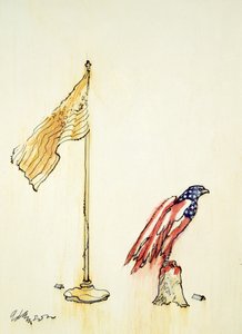 Águia americana adquire coloração de bandeira dos EUA, 1985 (caneta e lavagem de cor a bordo) de George Adamson
