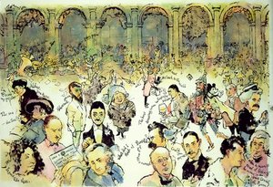 Rostos famosos fora Florians na Piazza San Marco, Veneza, c.1990 (guache em cartão duro com tinta sobre overlay de acetato) de George Adamson
