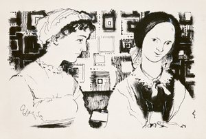 Jane Austen (1775-1817) e Charlotte Bronte (1816-55) - um encontro imaginário (tinta indiana a bordo) de George Adamson