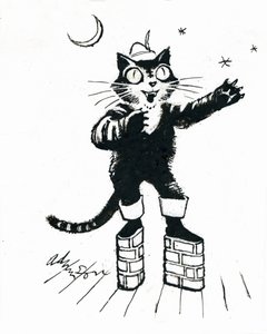 Puss in (brick-wall platform) botas (tinta na transparência sobre o cartão branco) de George Adamson