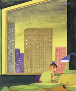 Trabalhando até tarde no escritório, (de uma capa de revista Punch, 11 de maio de 1966)