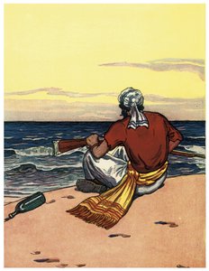 Um pirata abandona uma ilha deserta olha para a linha do horizonte Ilustração de "The Boys Books of Pirates" de George Albert Williams (1875-1932) 1914