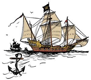 Um navio pirata ao largo da Ilha das Tartarugas no Mar do Caribe Ilustração do "The boy