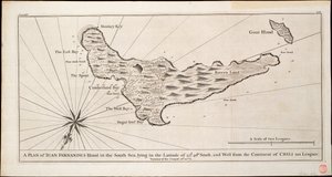 Planta da ilha de Iuan Fernandes no Mar do Sul, situada na latitude de 33d. 40m. sul, e a oeste do continente de Chili 110 léguas, c.1750 (gravura) de George Anson