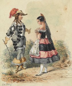 Cavaleiro e criada em traje espanhol