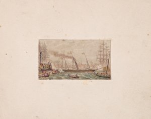 Impressão da caixa de agulhas: A Frota Real na Baía de Kilkenny (?) de George Baxter