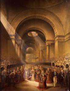 A chegada de sua majestade mais graciosa Rainha Victoria na Câmara dos Lordes para abrir seu primeiro Parlamento (imprimir) de George Baxter