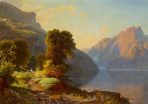 Vista de um lago nas montanhas de George Caleb Bingham