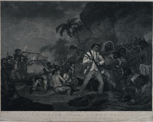 A morte do capitão James Cook pelos índios de Owhyee, uma das ilhas Sandwich de George Carter